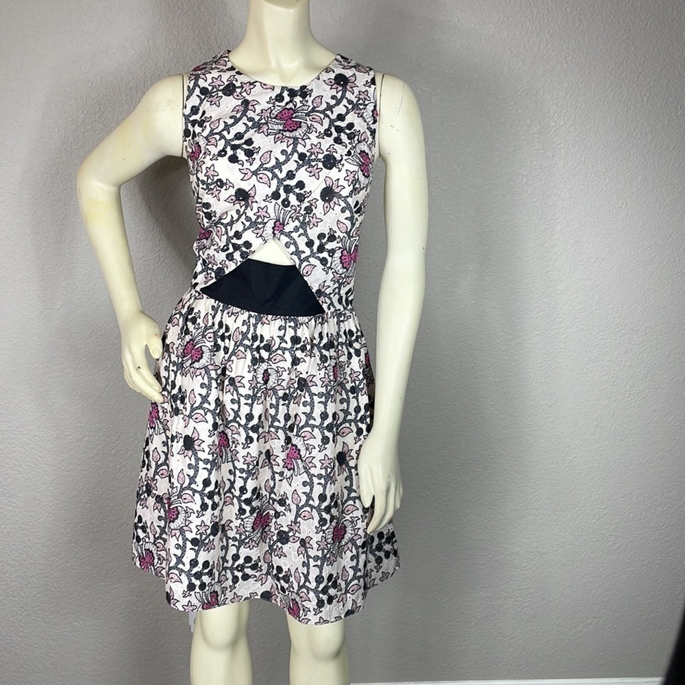 Thakoon Floral Embroidered Waist Cut Out Mini Dress Black White Pink Sz 10